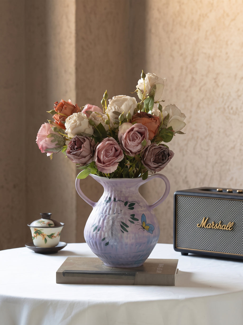 Hand-Painted Botanical Double Handle Lavender Vase