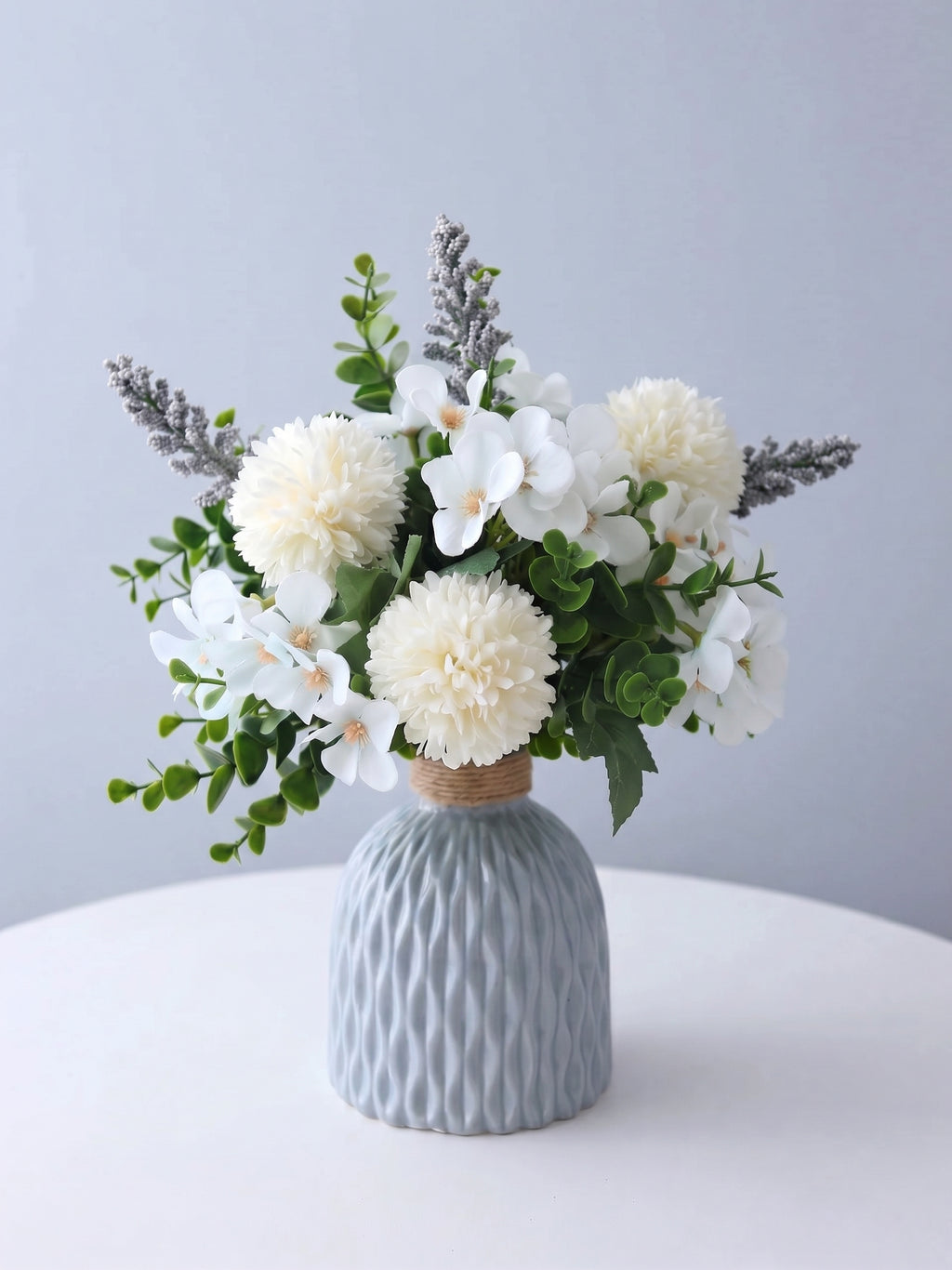 Serene White Pompon Chrysanthemum and Sage Faux Floral Arrangement