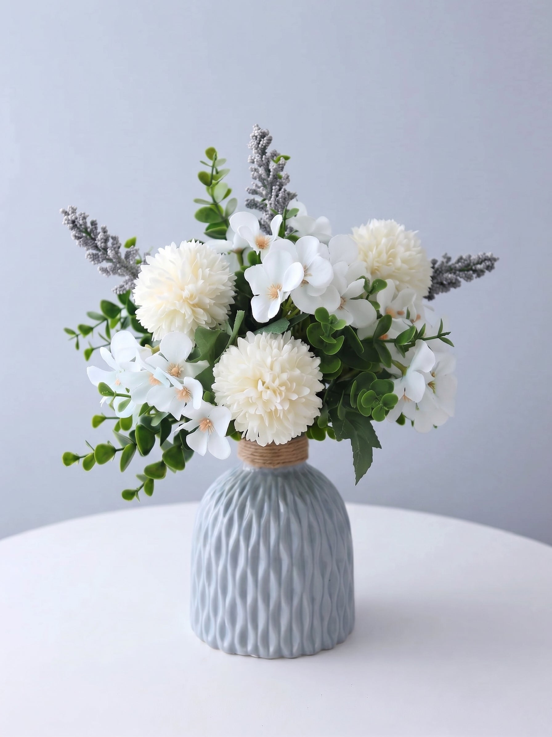 Serene White Pompon Chrysanthemum and Sage Faux Floral Arrangement