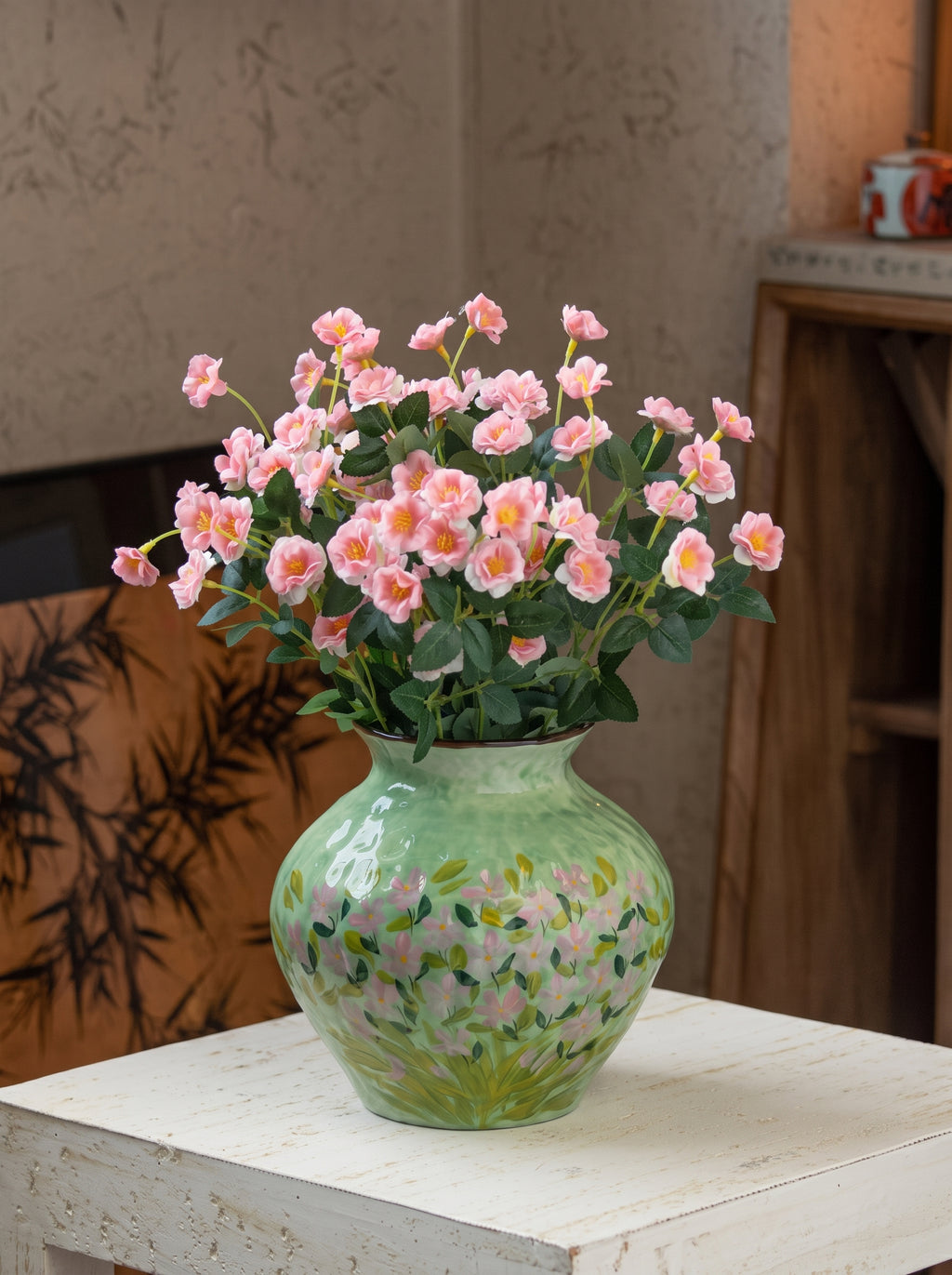 Impressionist Floral Hand-painted Green Ceramic Vase