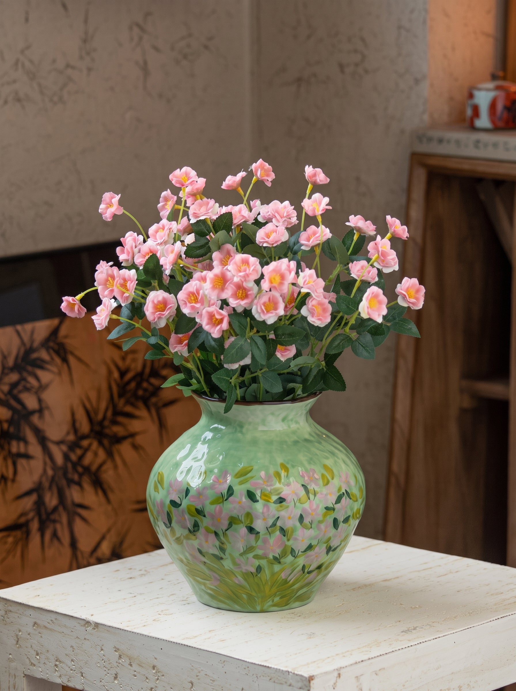 Impressionist Floral Hand-painted Green Ceramic Vase