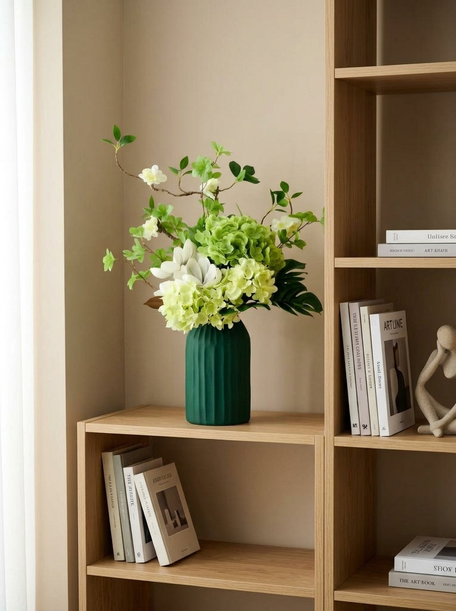 Nordic Magnolia and Green Hydrangea Botanical Faux Floral Arrangement