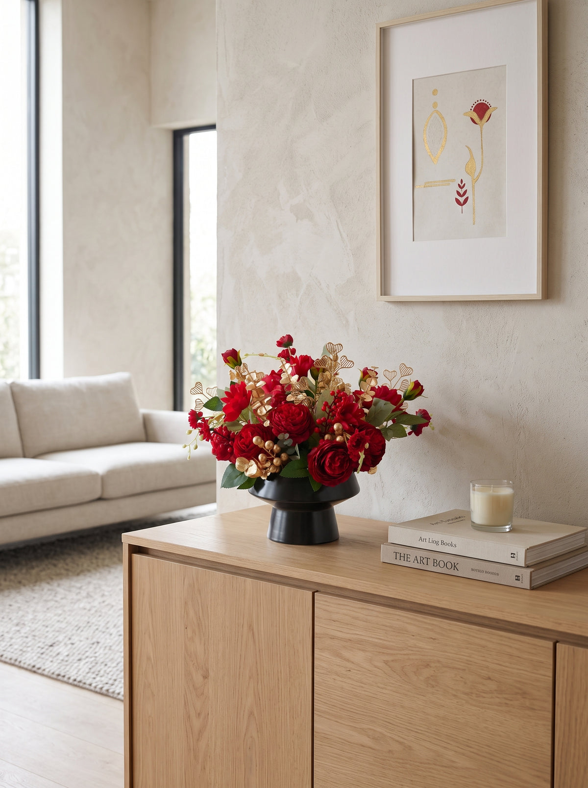 Luxury Red Rose and Golden Berry Faux Floral Arrangement