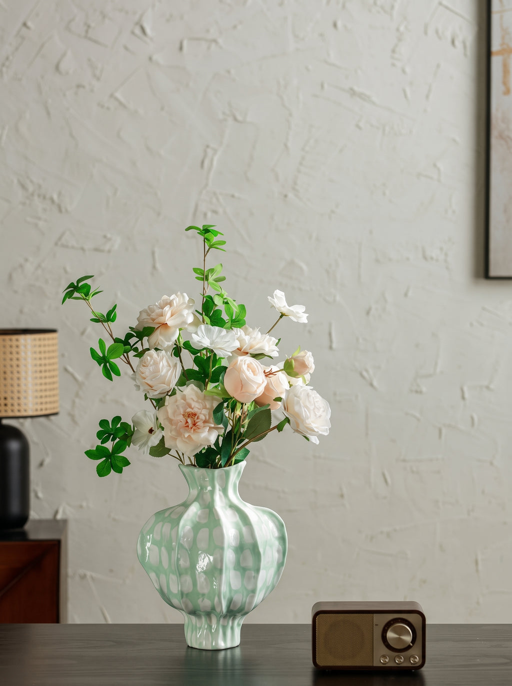 Artisanal Fluted Mint Green Spotted Ceramic Vase