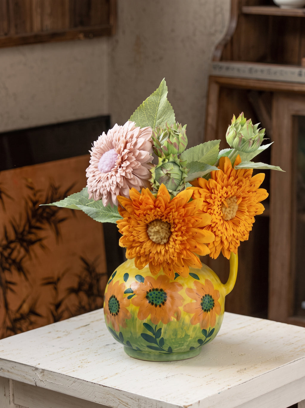 Hand-painted Sunflower Ceramic Pitcher Vase