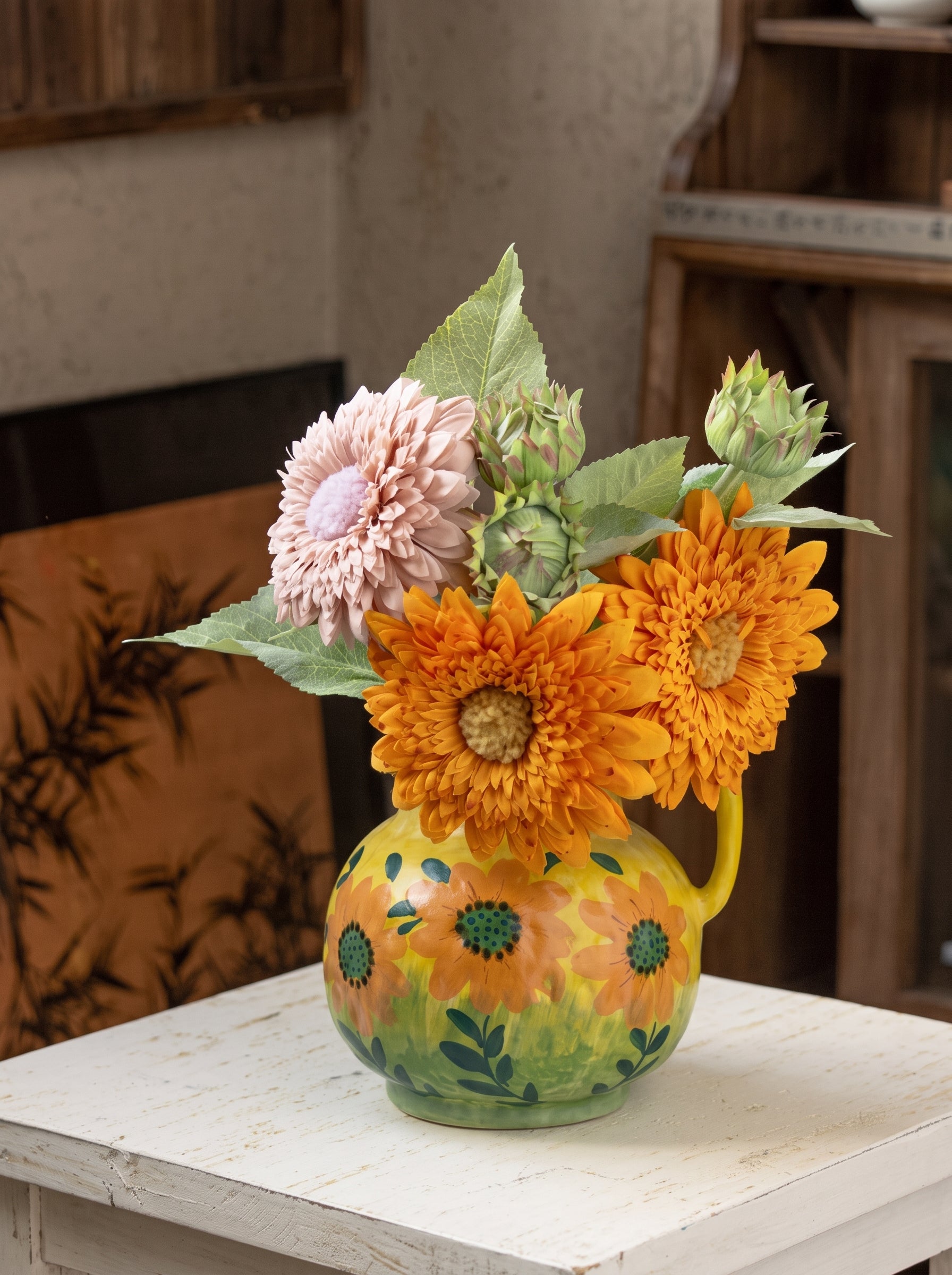 Hand-painted Sunflower Ceramic Pitcher Vase