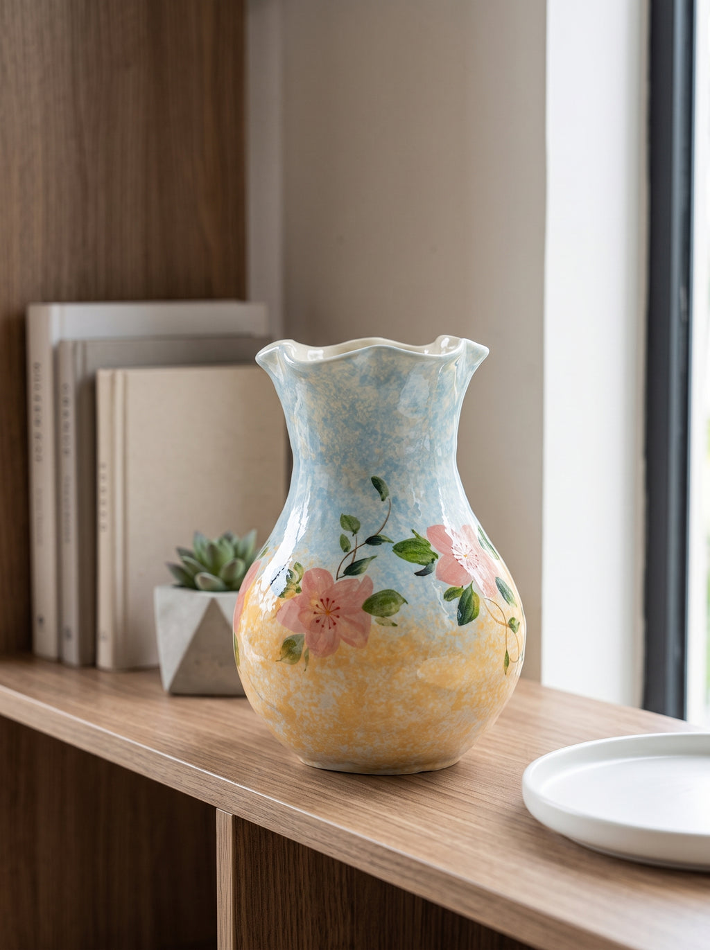 French Country Pastel Blue Floral Ceramic Vase