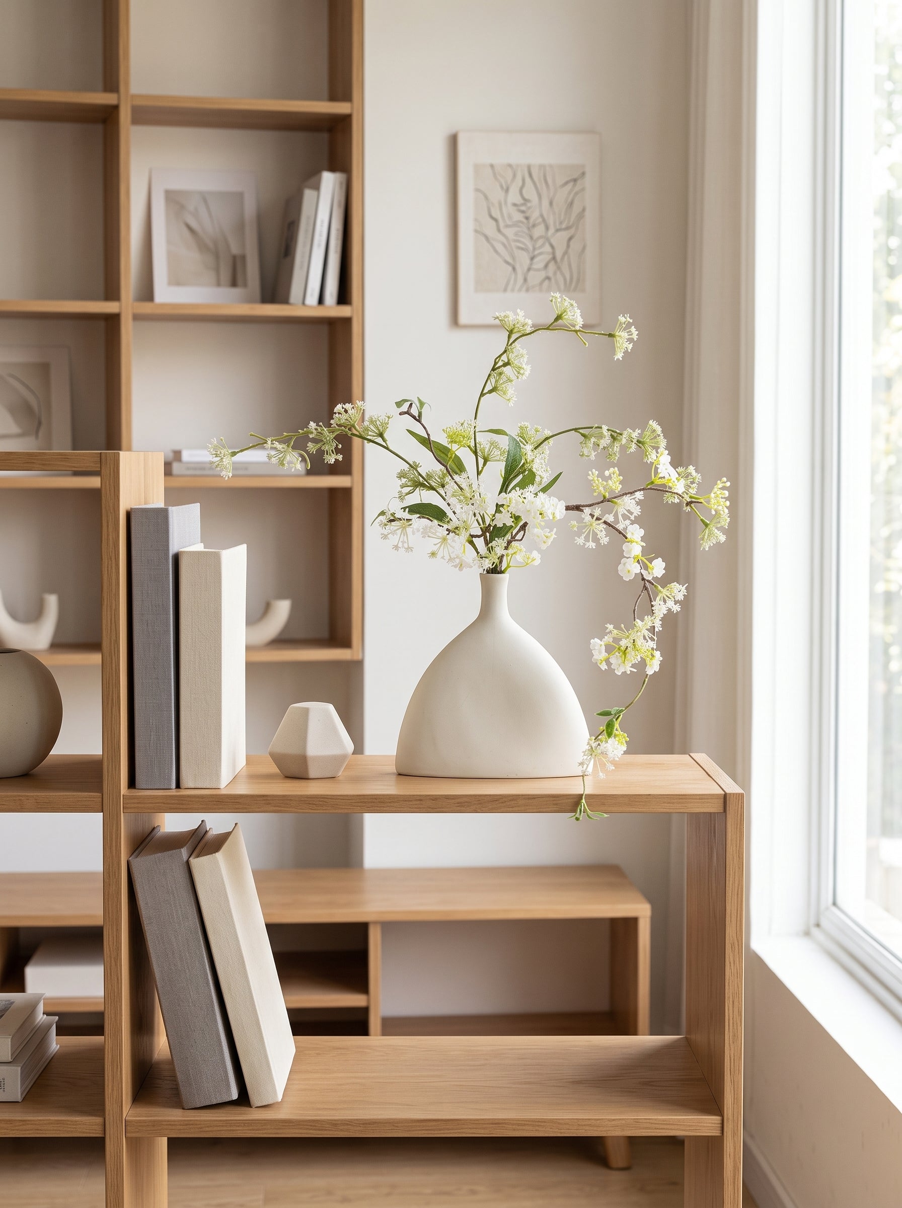 Nordic Minimalist Delicate White Blossom Branch Artificial Floral Arrangement