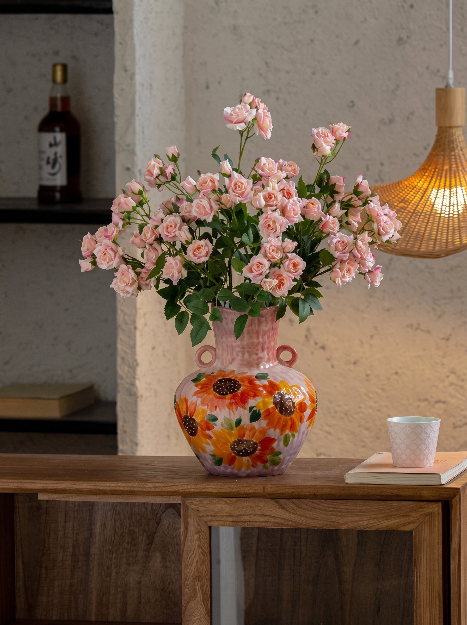 Hand-painted Pink Sunflower Twin-Handle Ceramic Vase