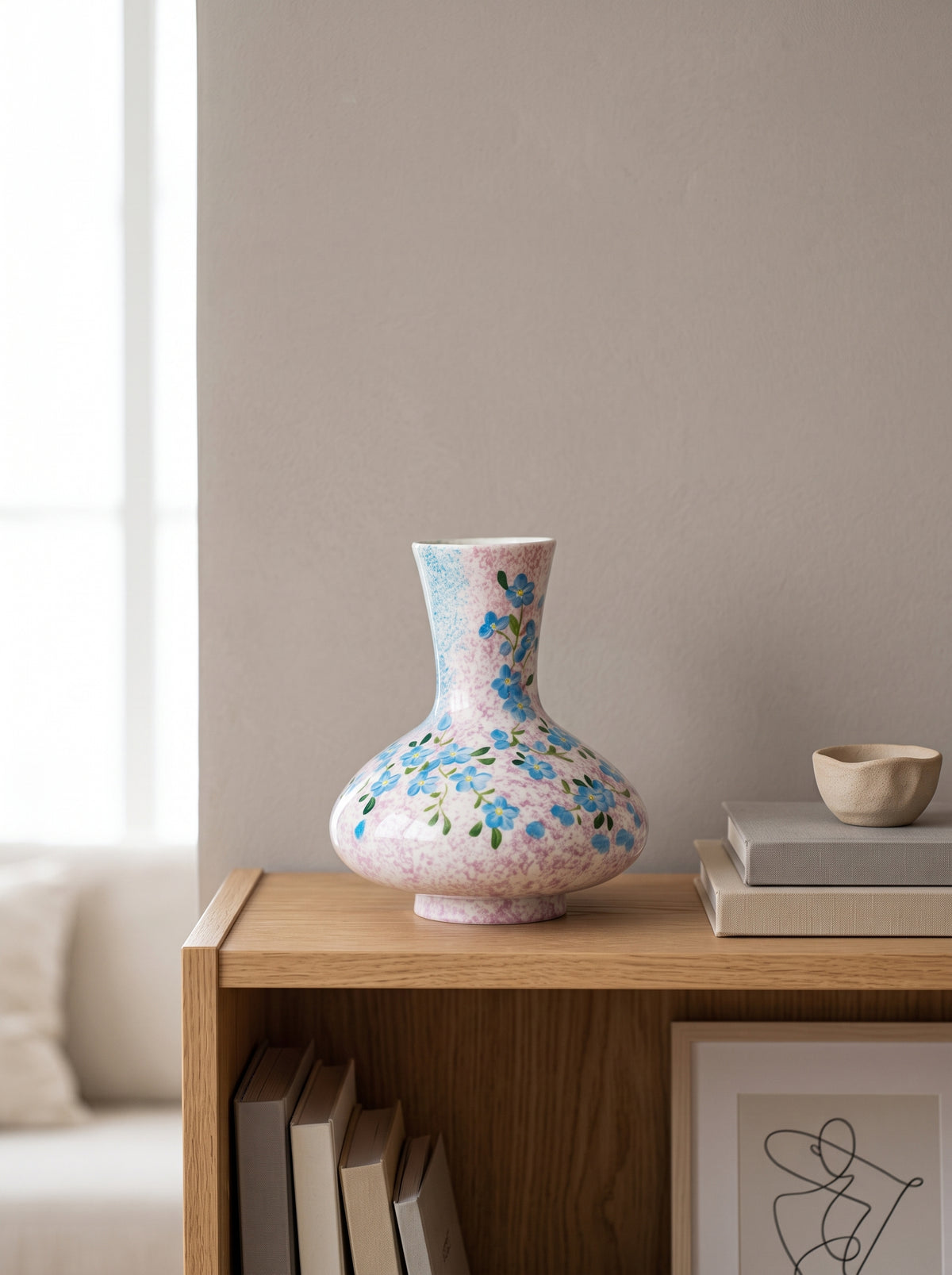 Hand-Painted Blue Floral Glazed Vase