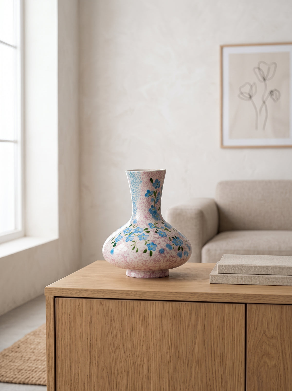 Hand-Painted Blue Floral Glazed Vase