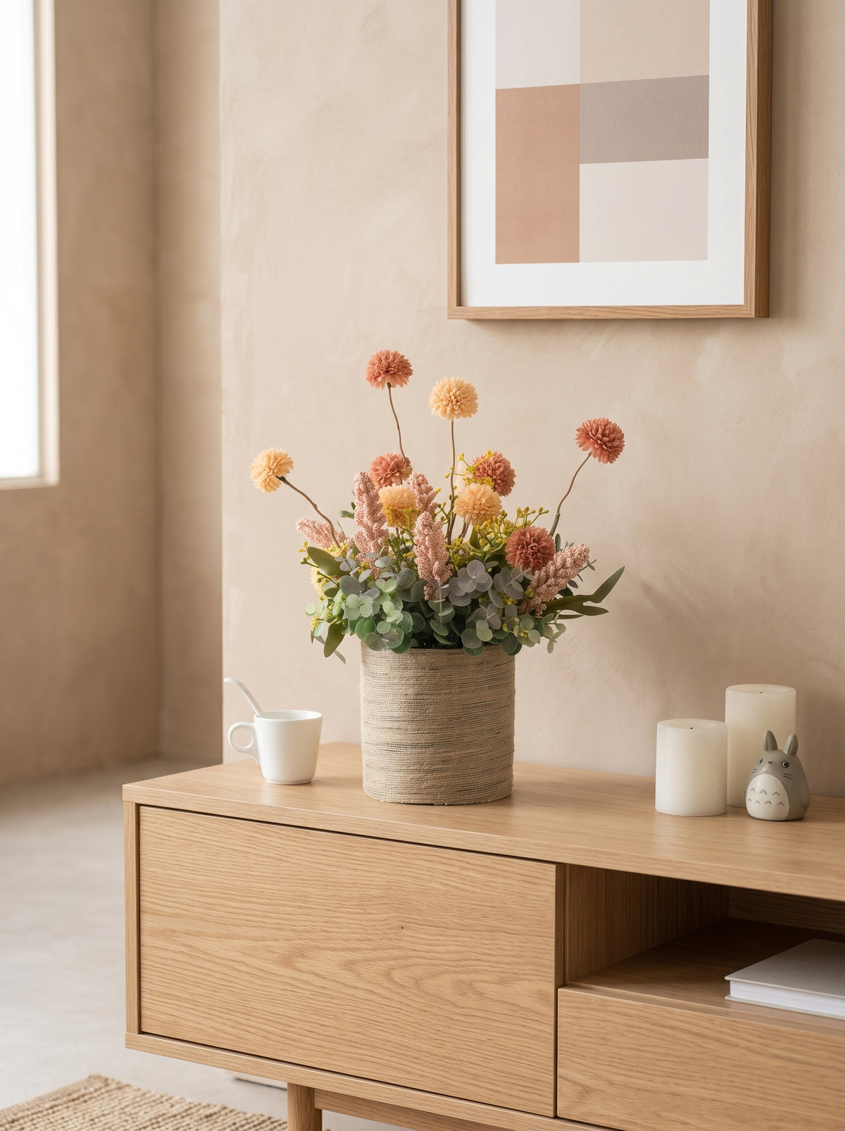 Autumn Terracotta Pom-Pom Woven Vase Faux Floral Arrangement