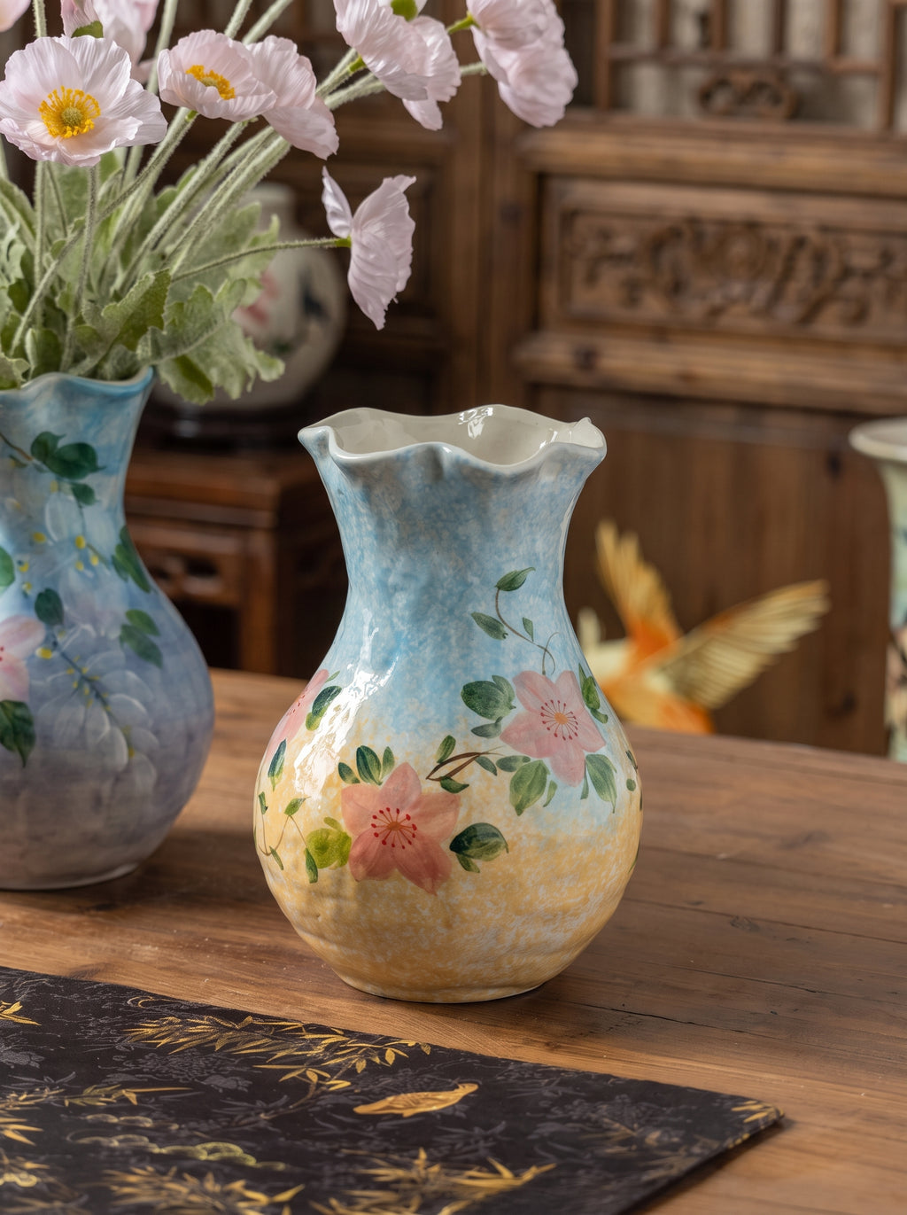 French Country Pastel Blue Floral Ceramic Vase