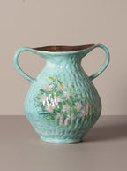 Hand-Painted Floral Double Handle Teal Vase