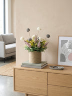 Slate Grey Muted Lilac Pom-Pom Woven Vase Faux Floral Arrangement