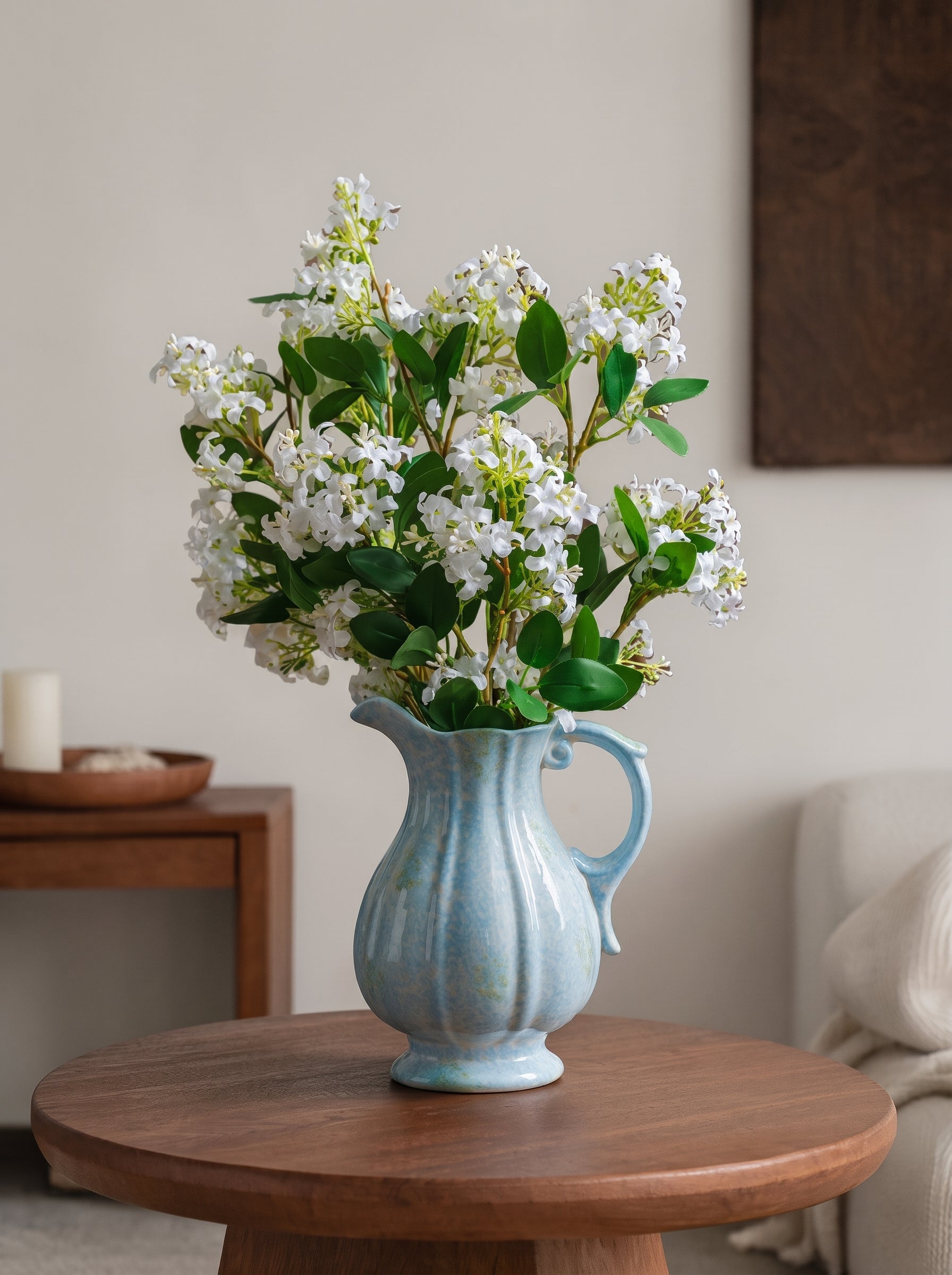 French Vintage Blue Speckled Ceramic Pitcher Vase