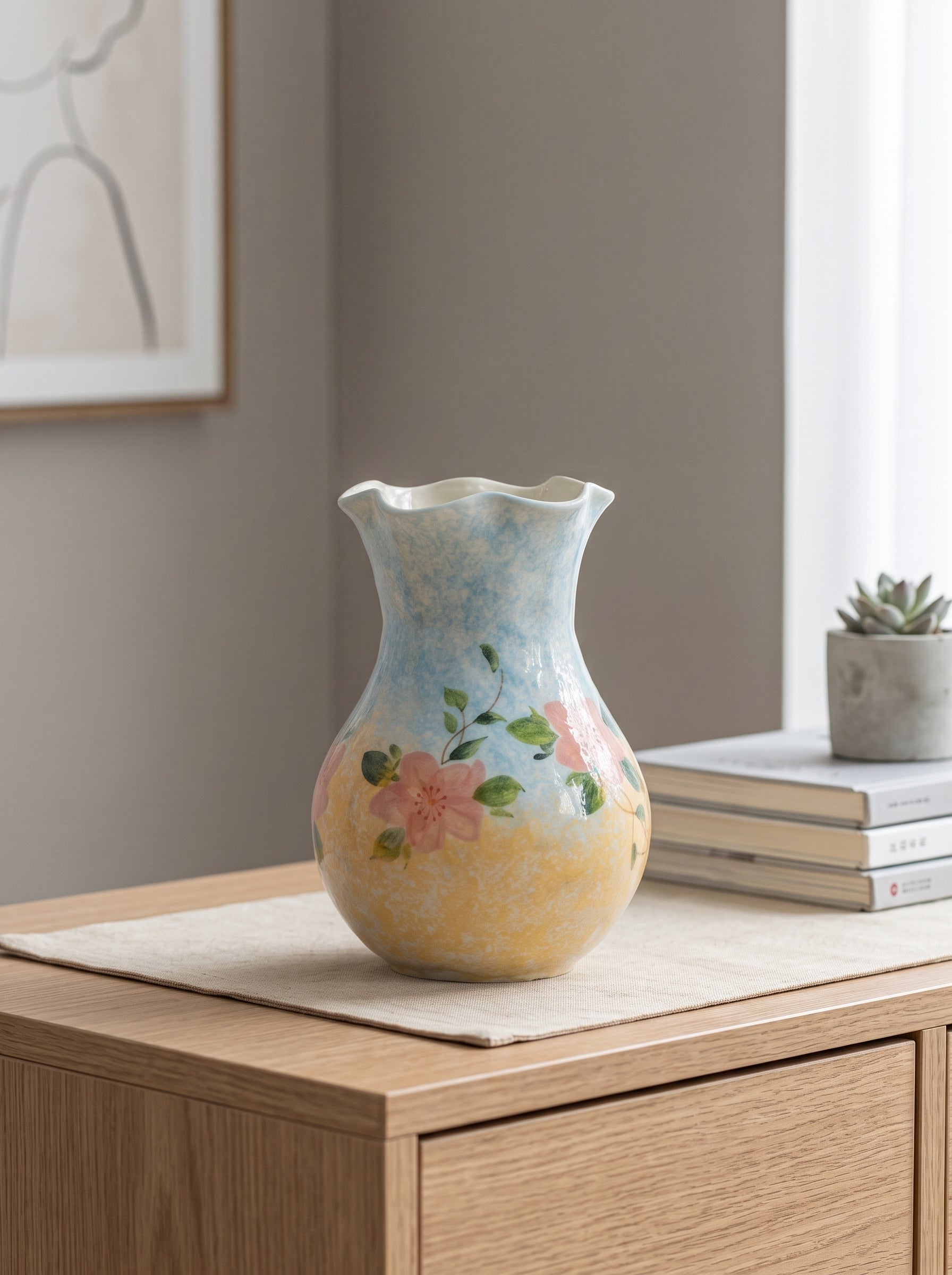 French Country Pastel Blue Floral Ceramic Vase