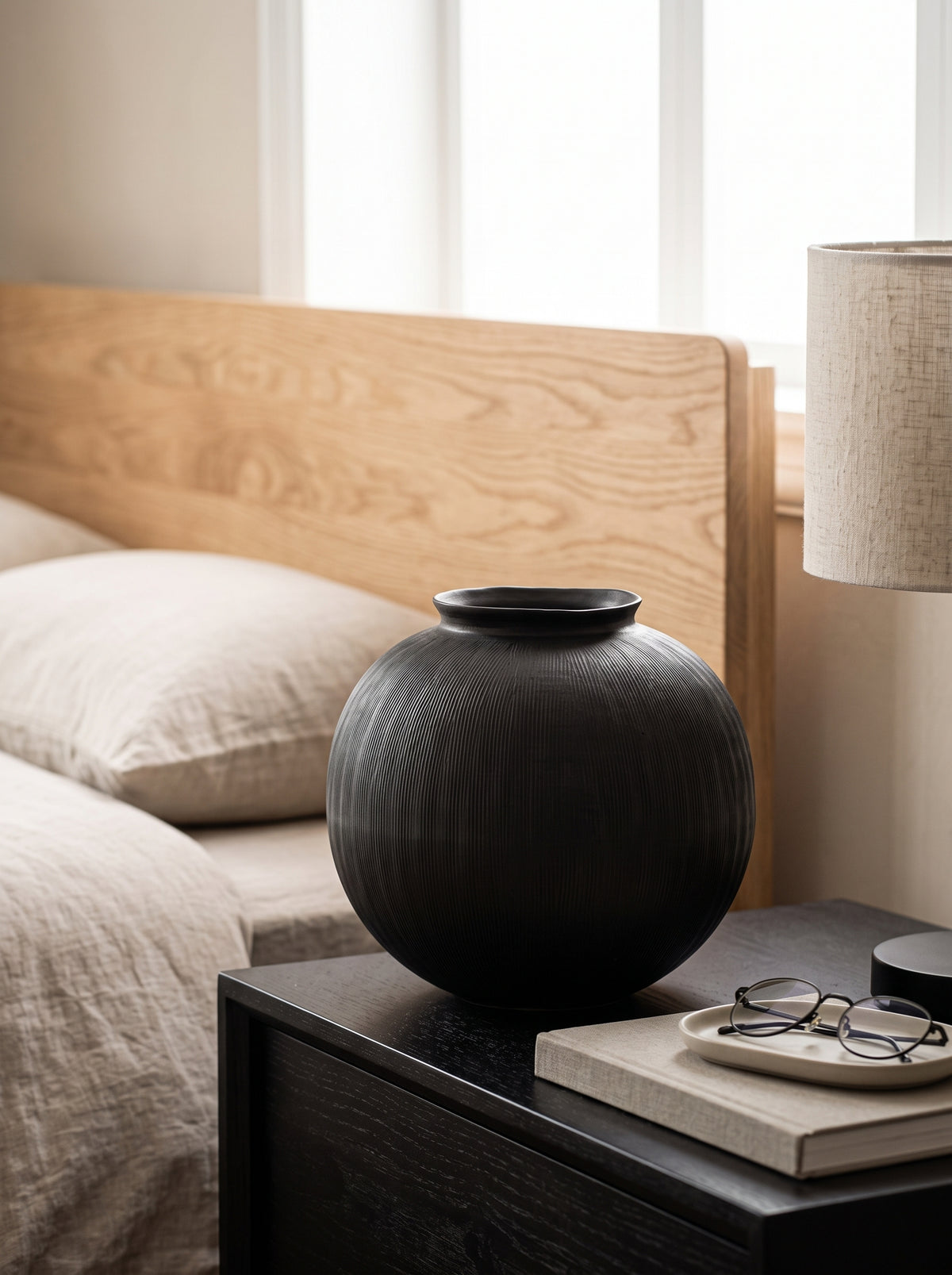 Artisanal Matte Black Fluted Vase