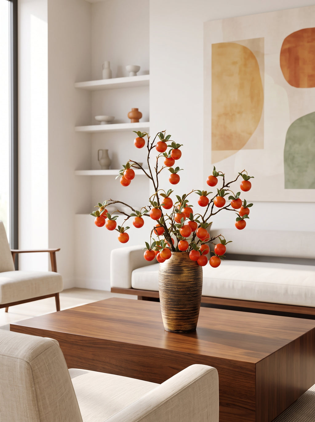 Luxurious Abundant Autumn Persimmon Fruit Stem Artificial Floral Arrangement