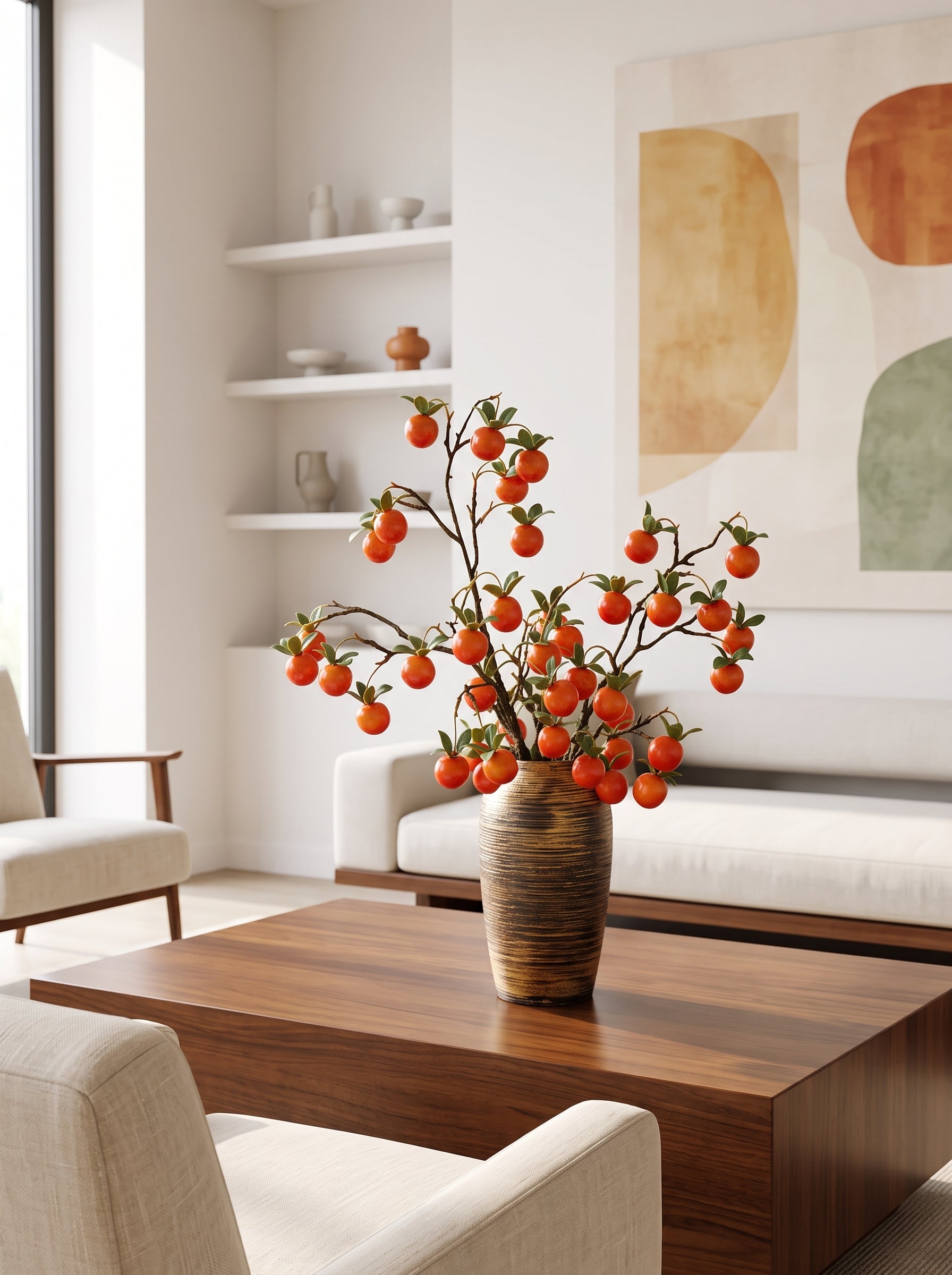 Luxurious Abundant Autumn Persimmon Fruit Stem Artificial Floral Arrangement