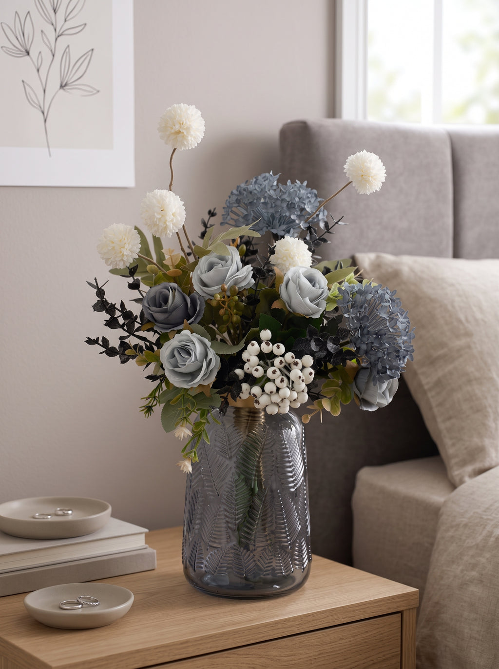 Dusty Mint Blue Rose and White Pom-Pom Faux Floral Arrangement