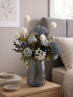 Dusty Mint Blue Rose and White Pom-Pom Faux Floral Arrangement