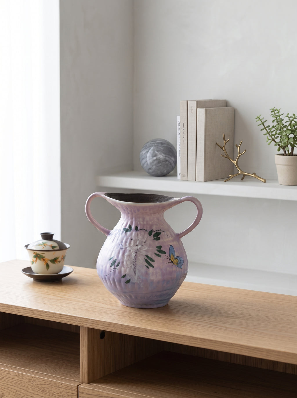 Hand-Painted Botanical Double Handle Lavender Vase