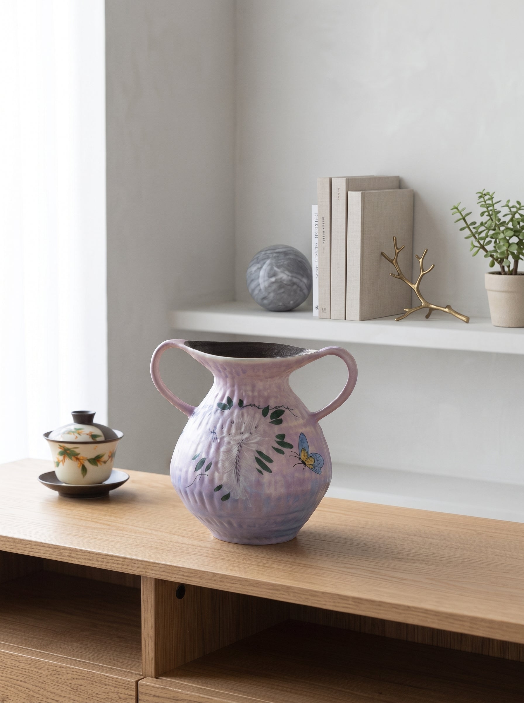 Hand-Painted Botanical Double Handle Lavender Vase