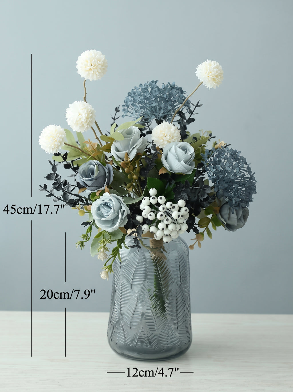 Dusty Mint Blue Rose and White Pom-Pom Faux Floral Arrangement