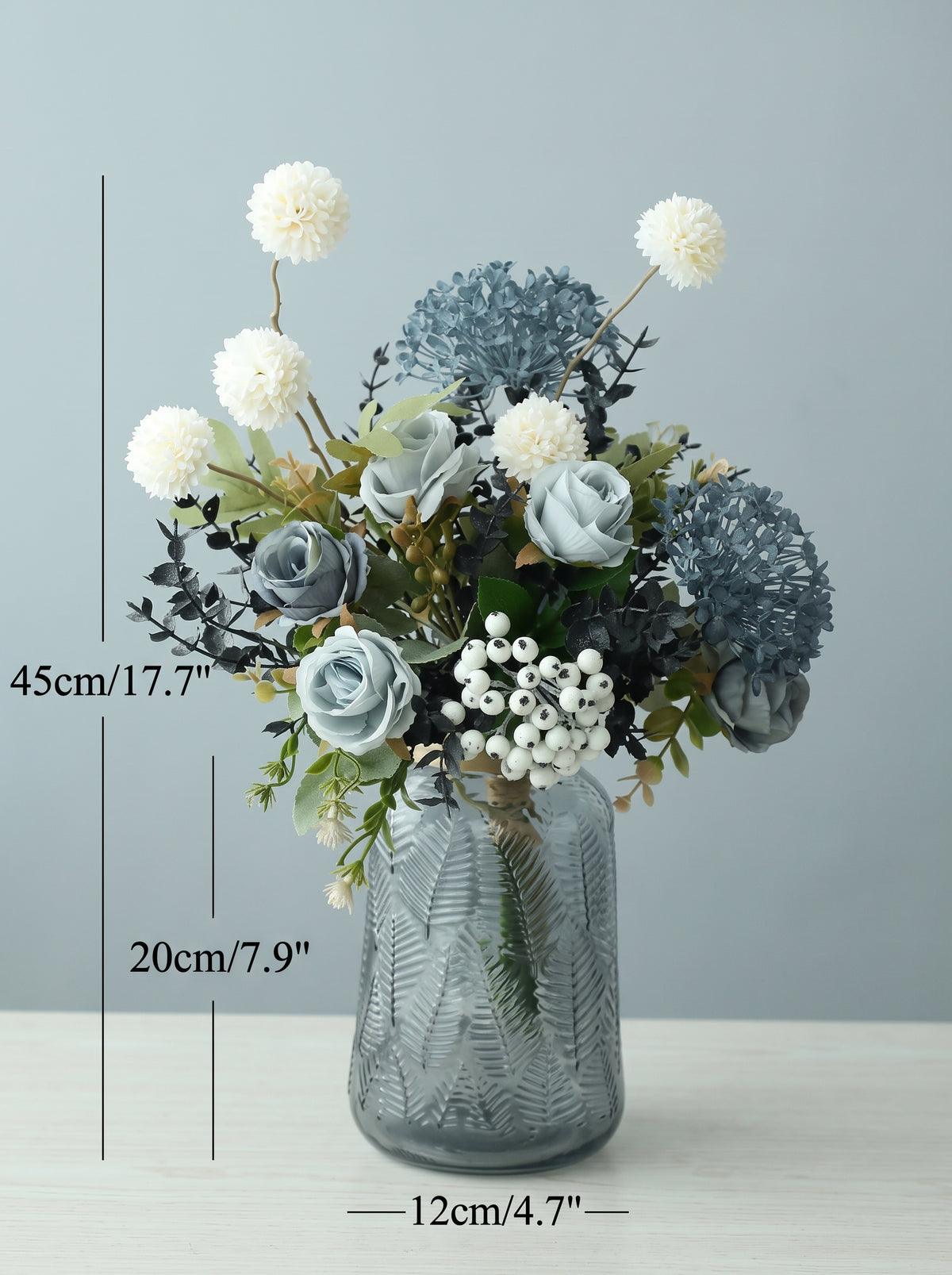 Dusty Mint Blue Rose and White Pom-Pom Faux Floral Arrangement