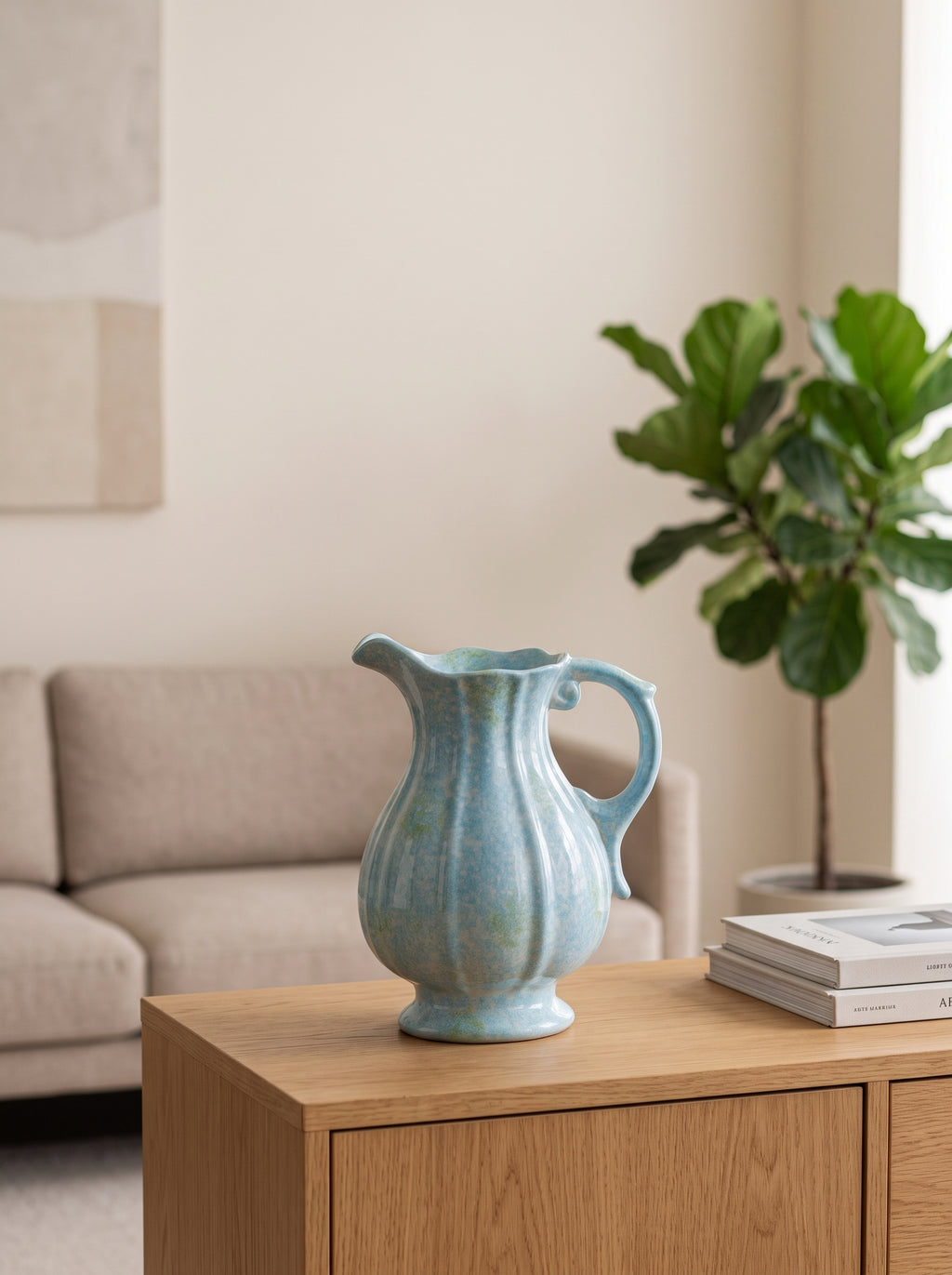 French Vintage Blue Speckled Ceramic Pitcher Vase
