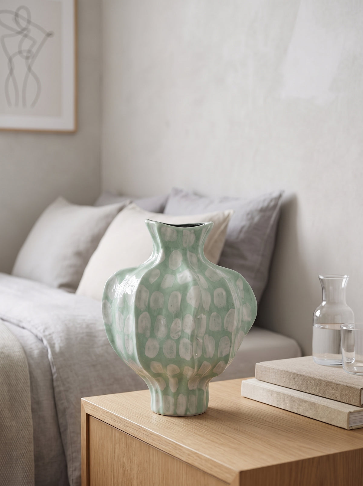 Artisanal Fluted Mint Green Spotted Ceramic Vase