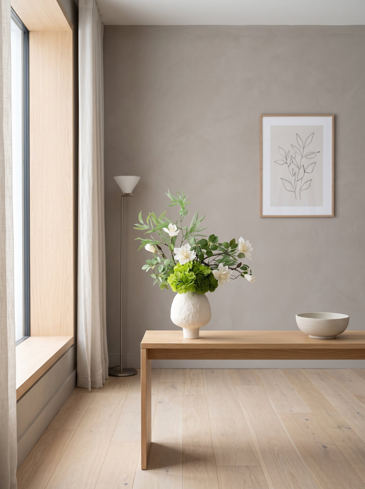 Zen White Magnolia and Green Hydrangea Faux Floral Arrangement
