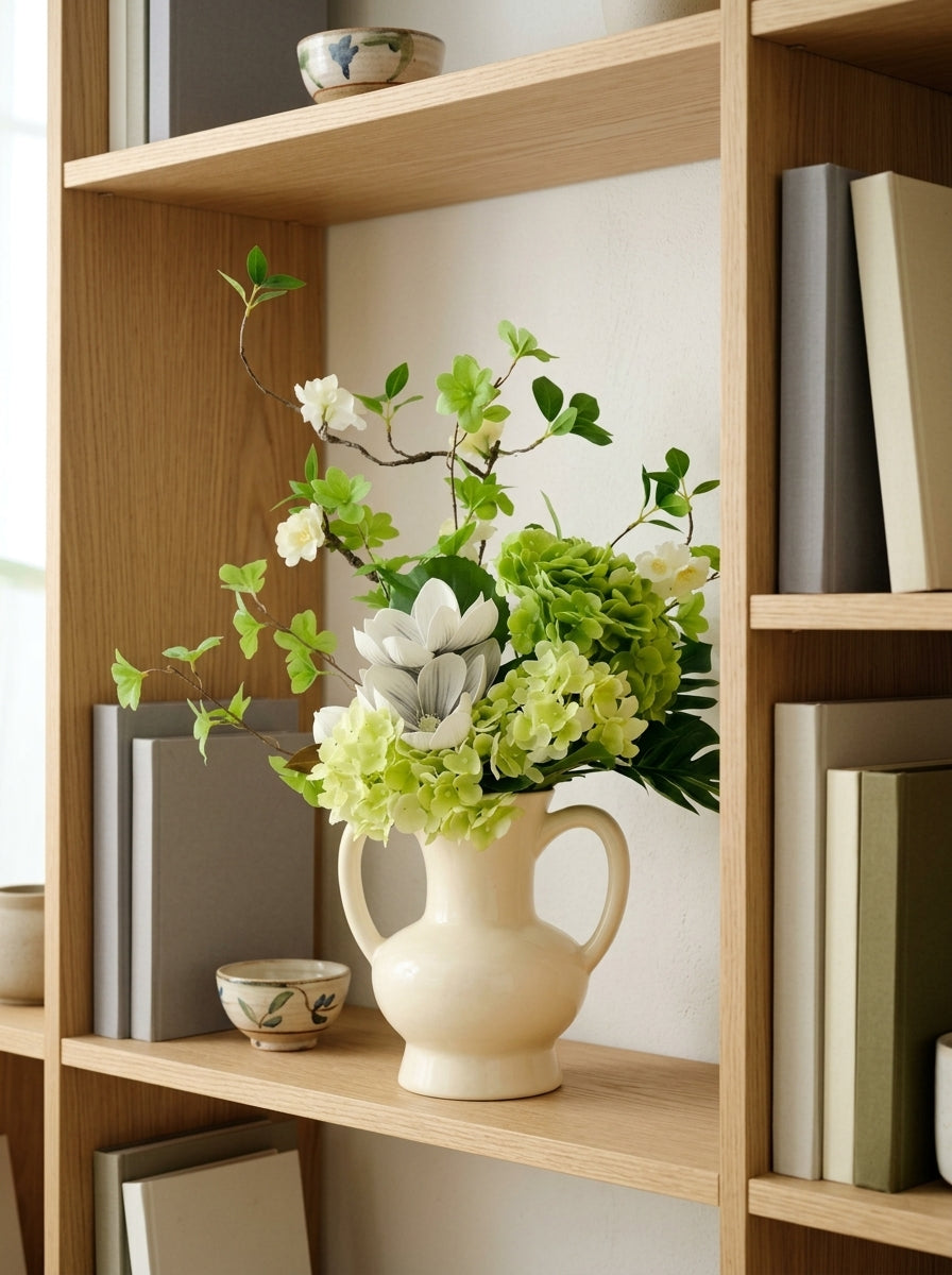Nordic Magnolia and Green Hydrangea Botanical Faux Floral Arrangement