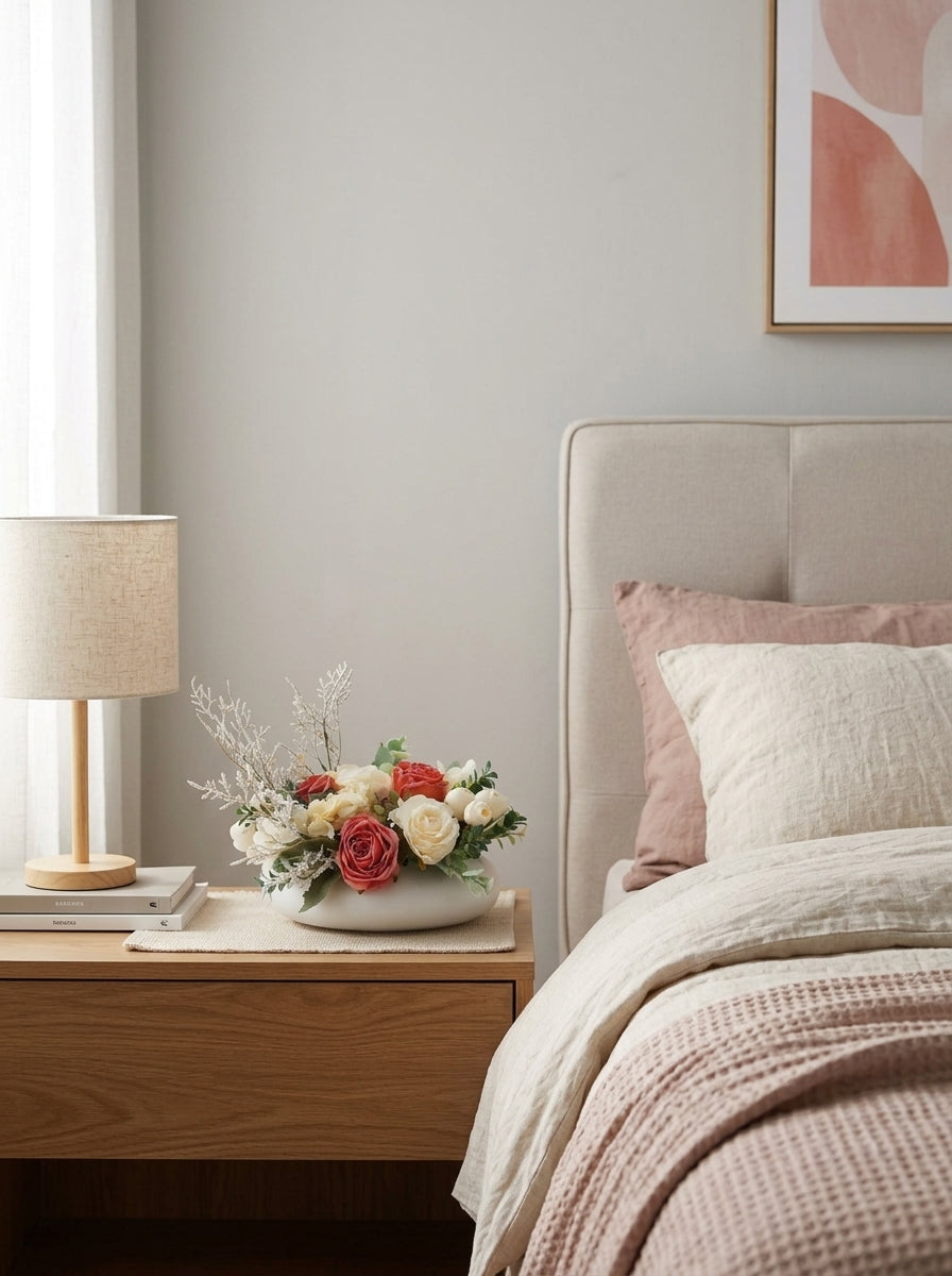 Zen Cream and Dusty Rose Frosted Botanical Faux Floral Arrangement