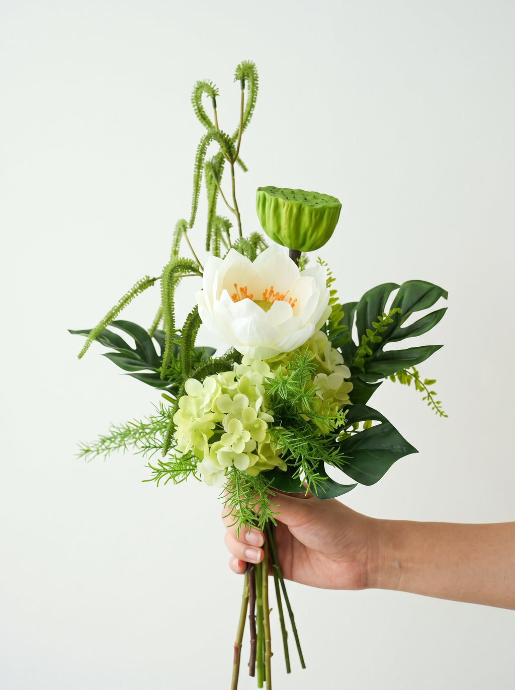 Zen White Lotus and Lotus Pod Botanical Faux Floral Arrangement