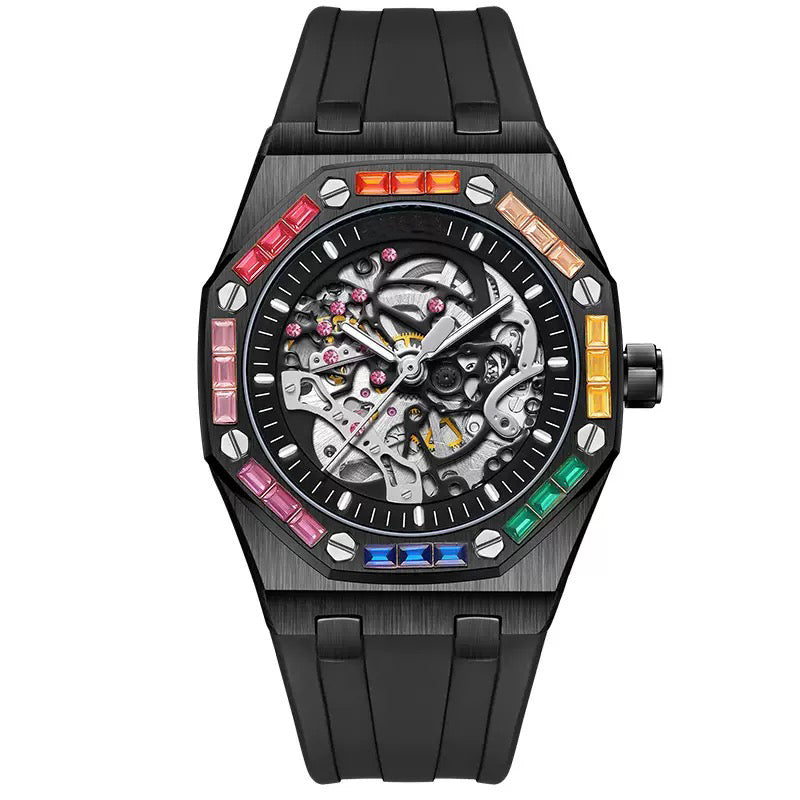 Men's Luxury Automatic Watch with Rainbow-Set Diamonds