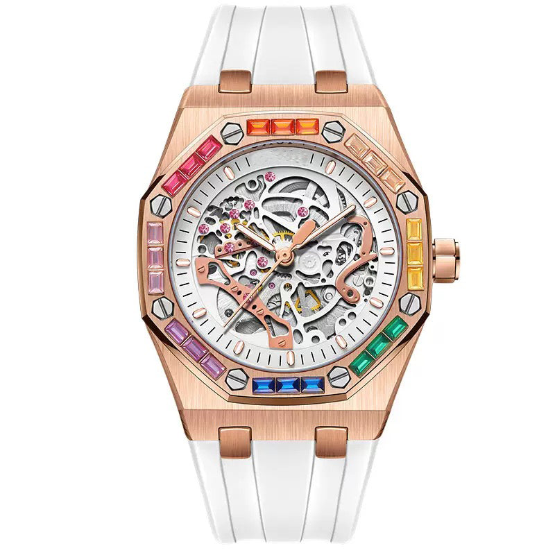Men's Luxury Automatic Watch with Rainbow-Set Diamonds