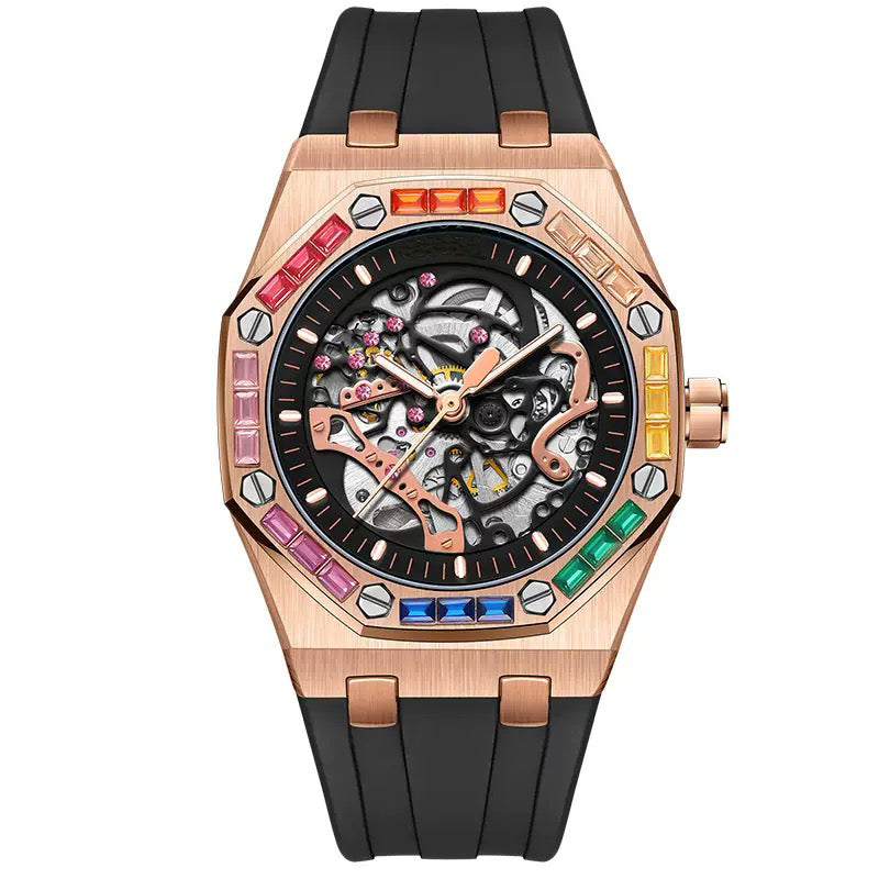 Men's Luxury Automatic Watch with Rainbow-Set Diamonds