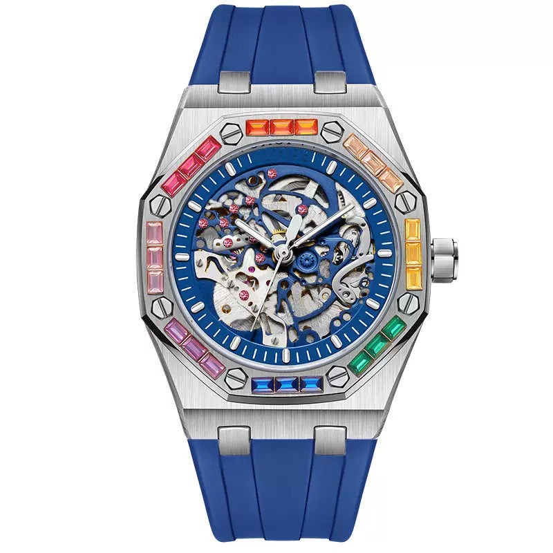 Men's Luxury Automatic Watch with Rainbow-Set Diamonds