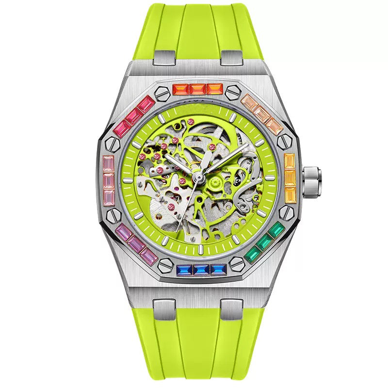 Men's Luxury Automatic Watch with Rainbow-Set Diamonds