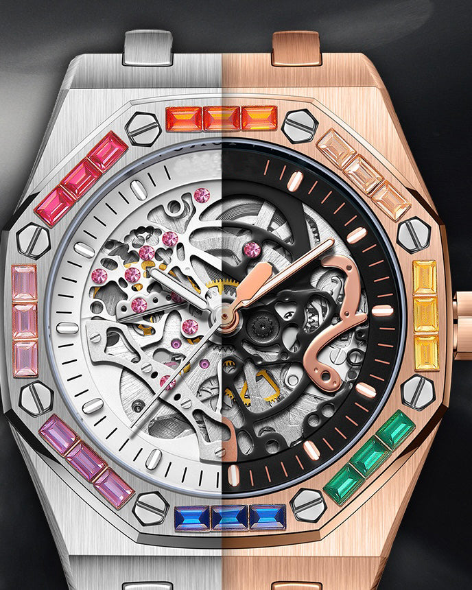 Men's Luxury Automatic Watch with Rainbow-Set Diamonds
