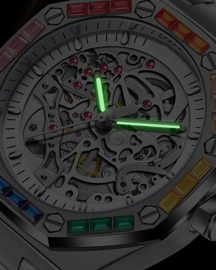 Men's Luxury Automatic Watch with Rainbow-Set Diamonds