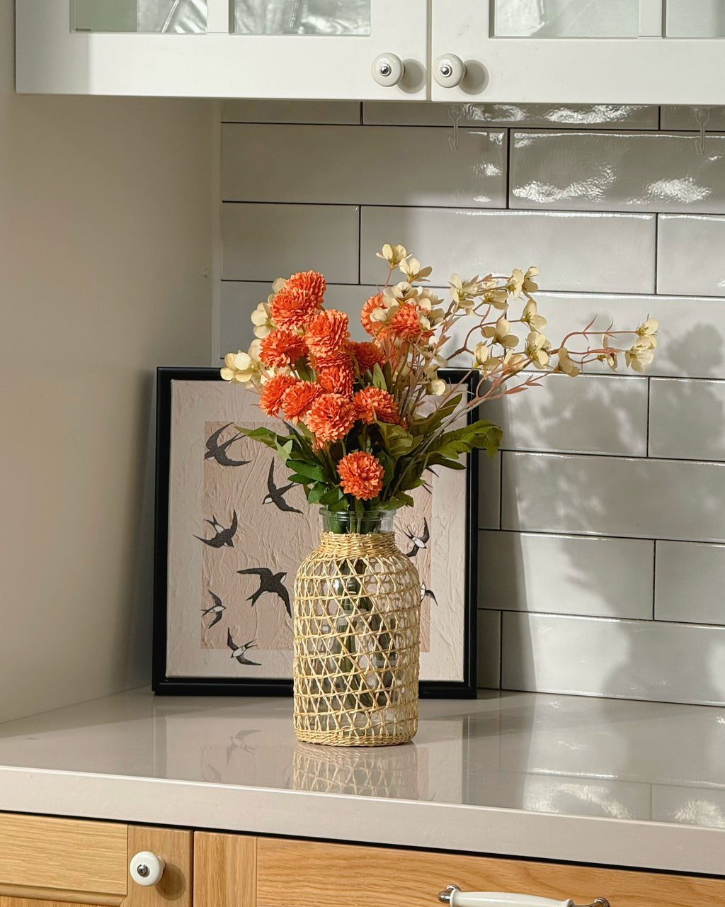 Faux Floral Arrangement - Orange PomPom & Cream Flower