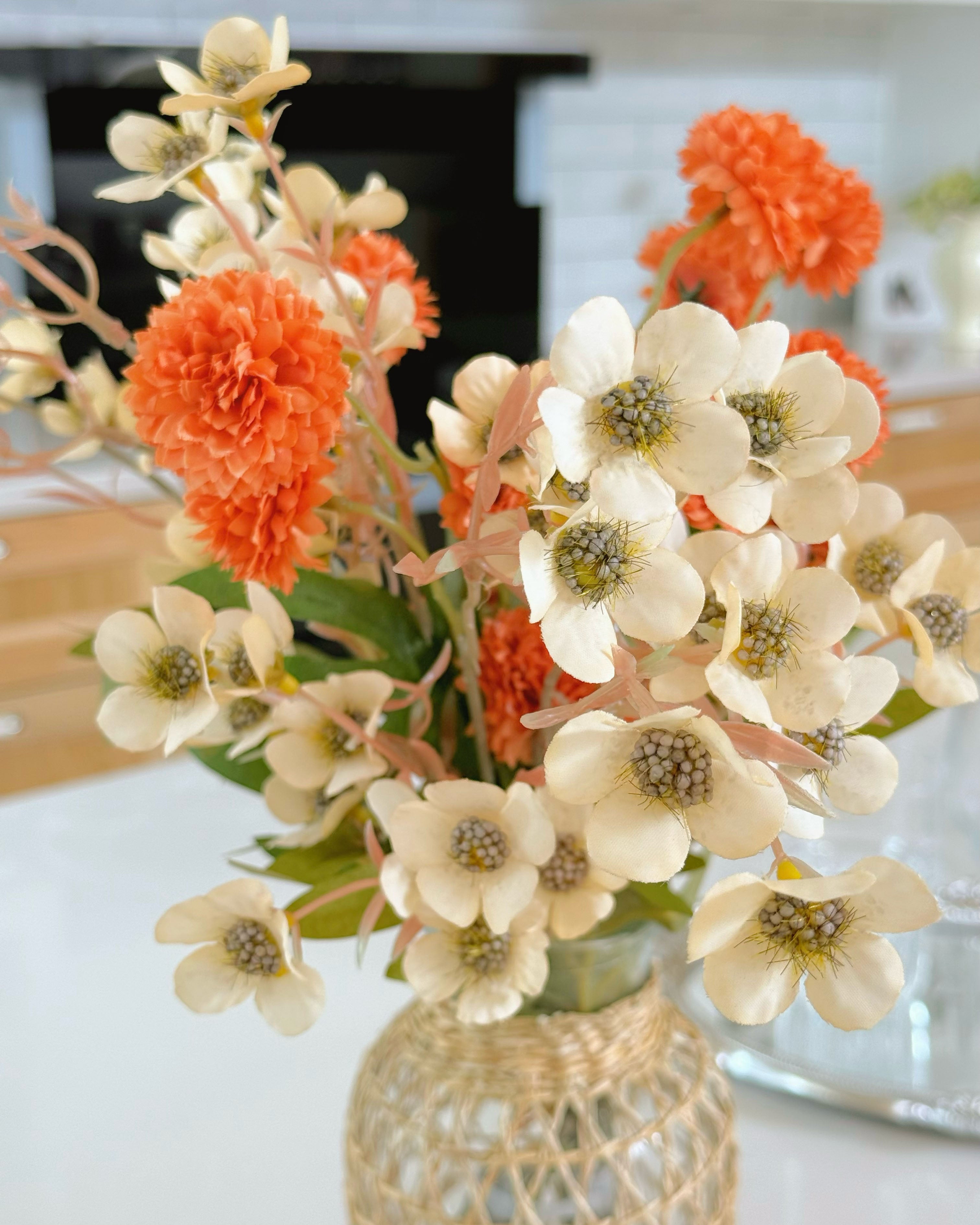 Faux Floral Arrangement - Orange PomPom & Cream Flower