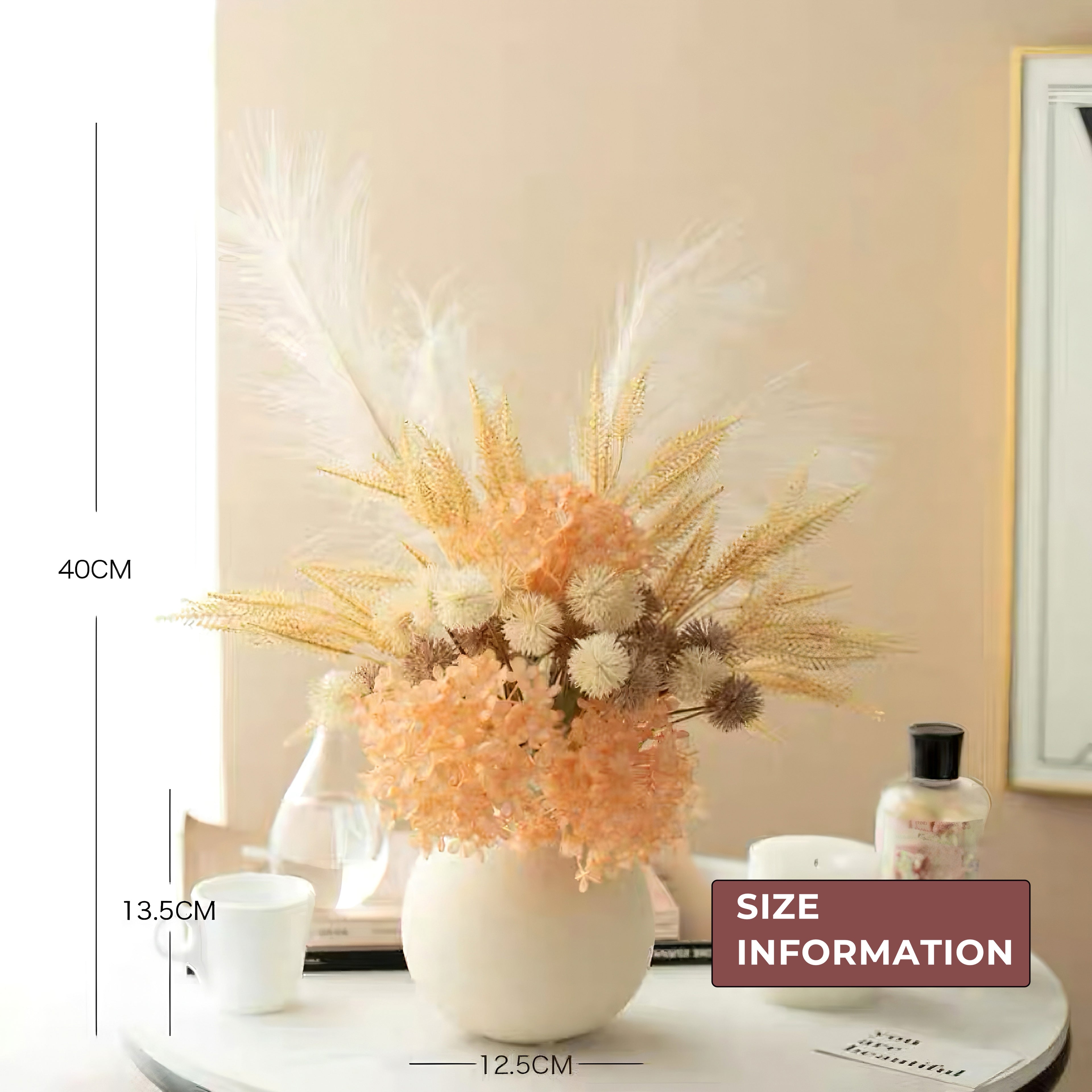 Faux Floral Arrangement - Peach Hydrangea & Neutral Pampas Grass
