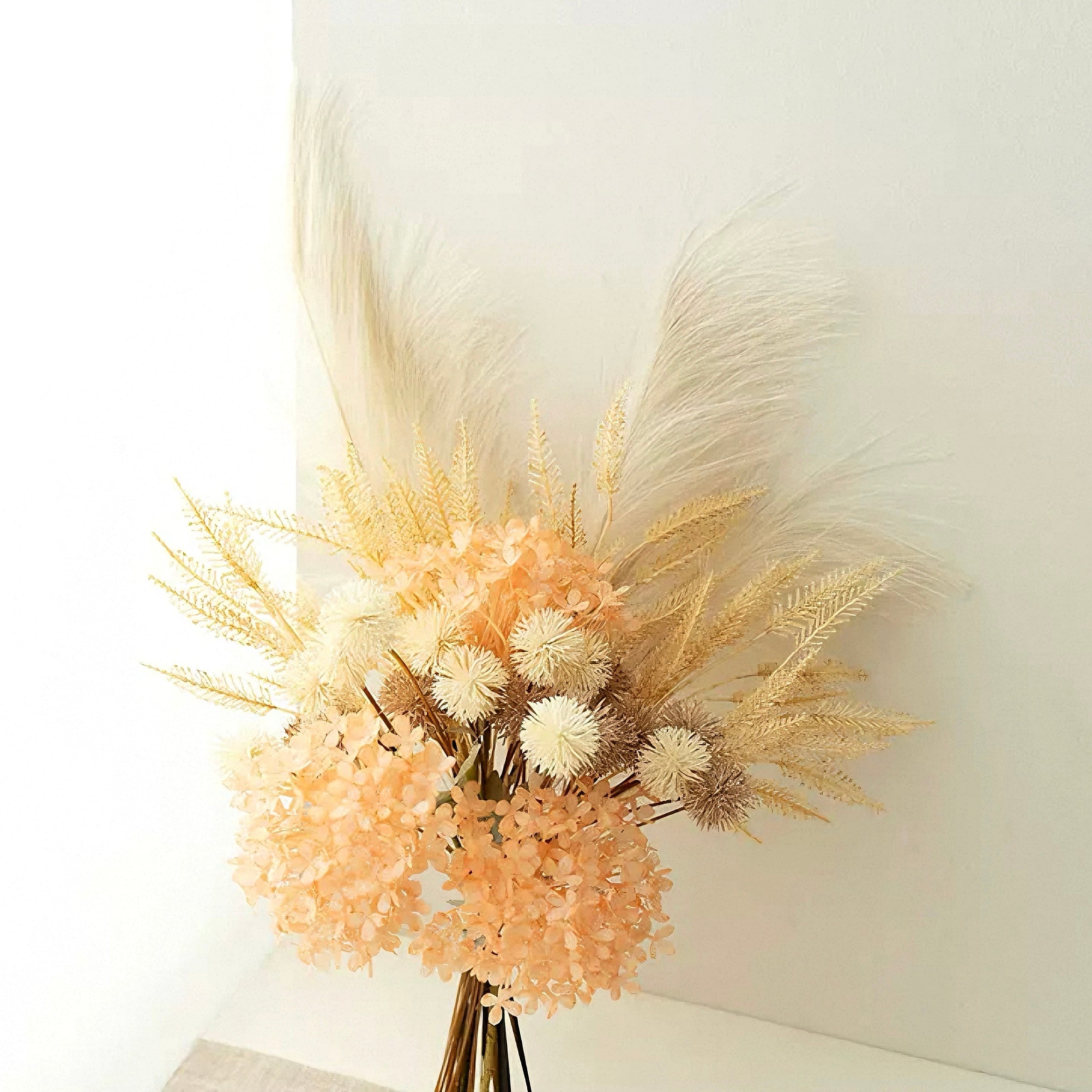 Faux Floral Arrangement - Peach Hydrangea & Neutral Pampas Grass