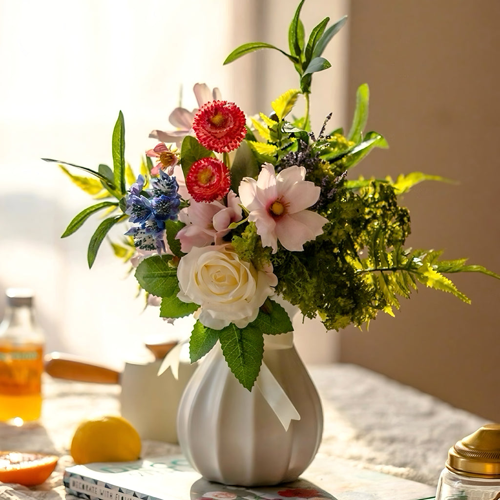 Faux Floral Arrangement - Multicolor Mixed Blooms with White Rose & Greenery