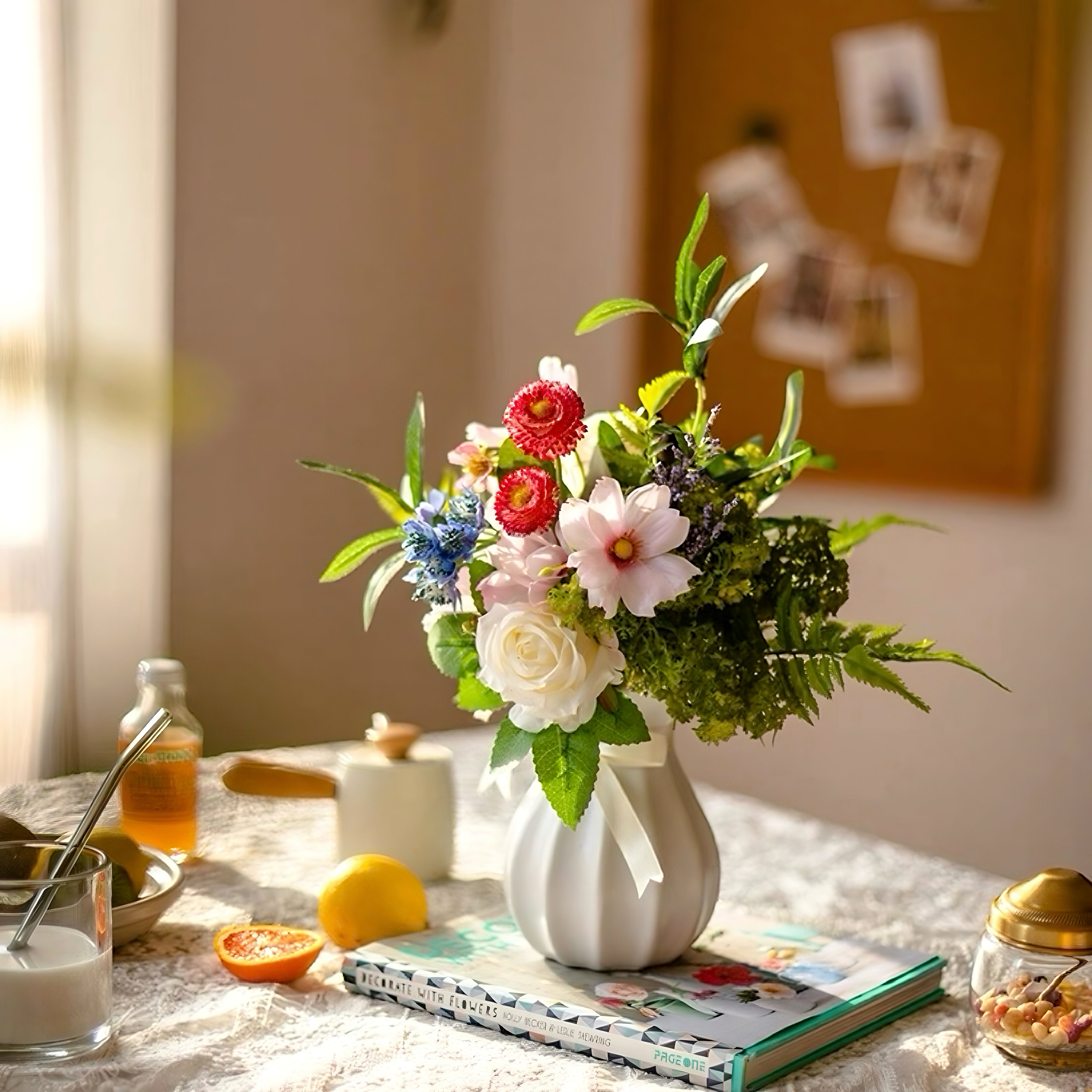 Faux Floral Arrangement - Multicolor Mixed Blooms with White Rose & Greenery