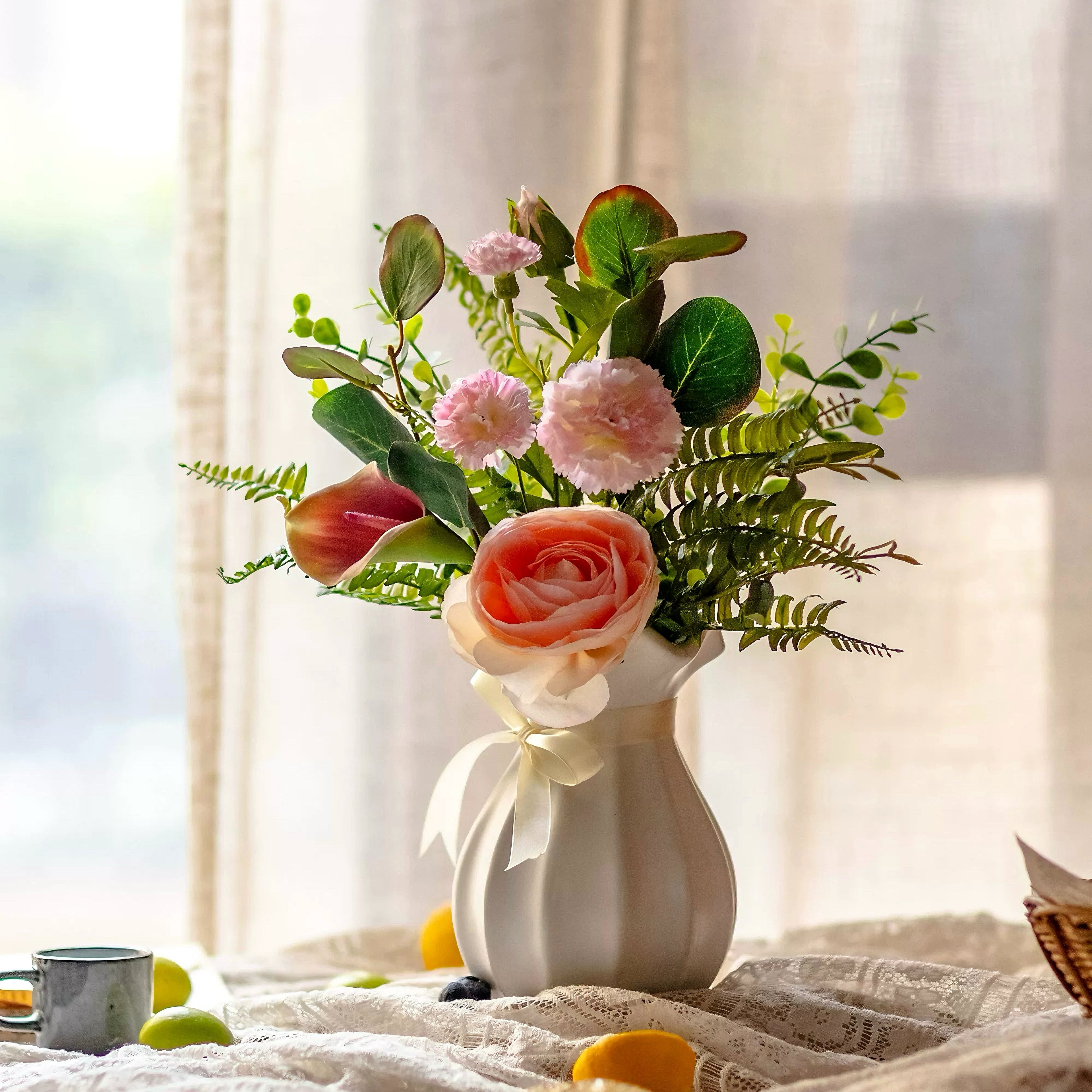 Faux Floral Arrangement - Multicolor Mixed Blooms with White Rose & Greenery